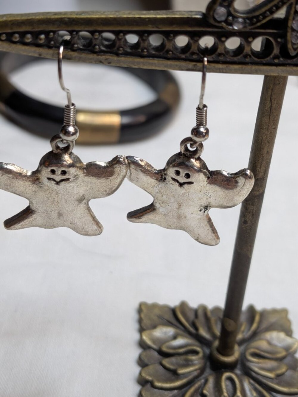 Antiqued Silver Tone Ghost Dangle Earrings